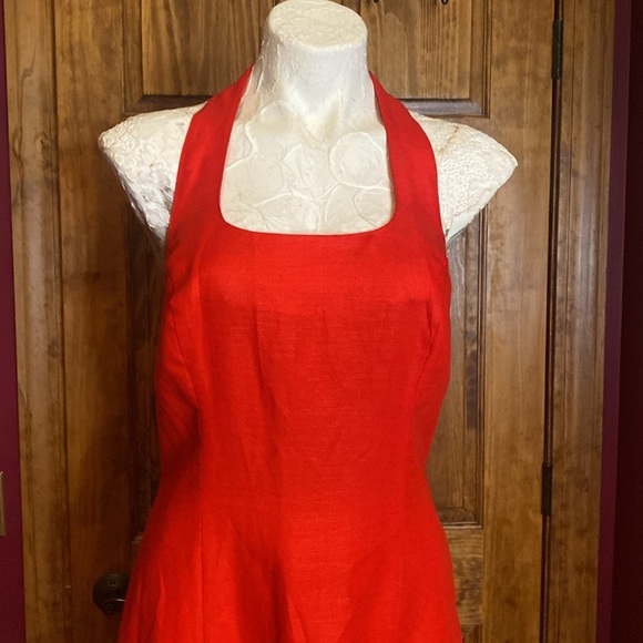 VTG 80s Geary Roark Kamisato Red Linen blend Backless Halter Maxi Dress sz 12 - Picture 5 of 13
